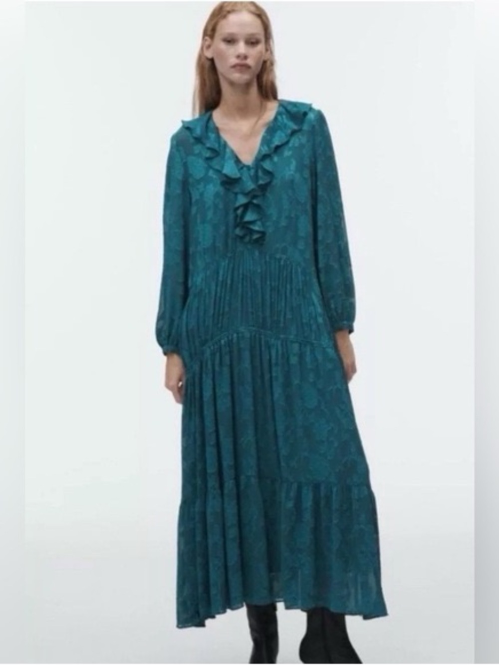 ZARA Long Jacquard Dress with Ruffles in Duck Green